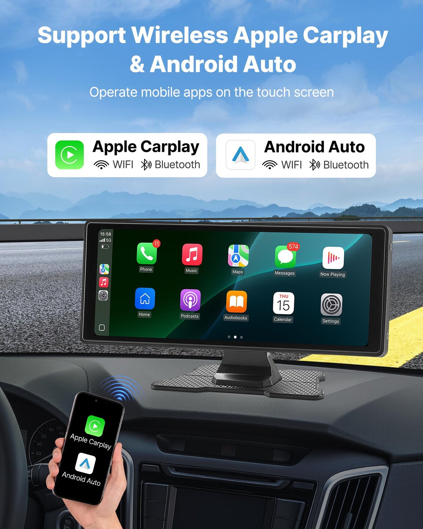 Kabelloses Autoradio (254 Mm) HD-Radio Mit Touchscreen Mit Apple CarPlay & Android Auto, CarPlay-Bildschirm Mit Front- Und Rückfahrkameras Sprachsteuerung Mirror Link Bluetooth GPS-Navigation